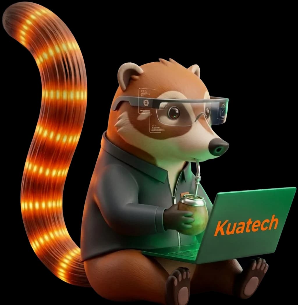 Kuati, la mascota de Kuatech: un coatí 3D con lentes de realidad aumentada y cola rayada luminosa, tomando mate frente a su laptop Kuatech